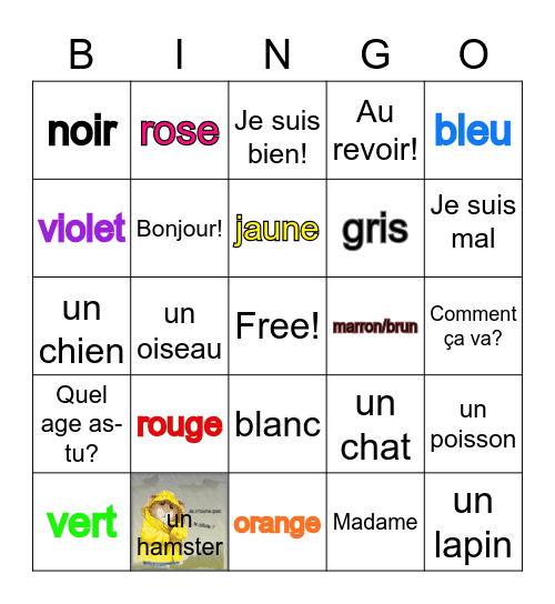 French review colors animals greetings Bingo Card