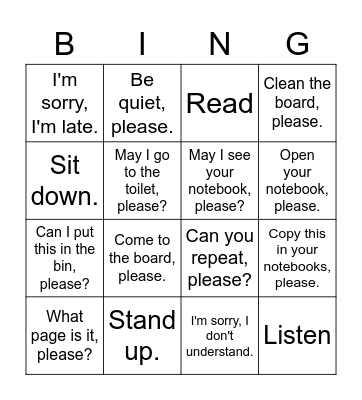 Classroom Language Bingo Card