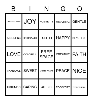 POSITIVE WORDS BINGO Card