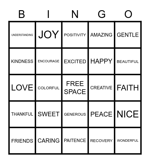 POSITIVE WORDS BINGO Card