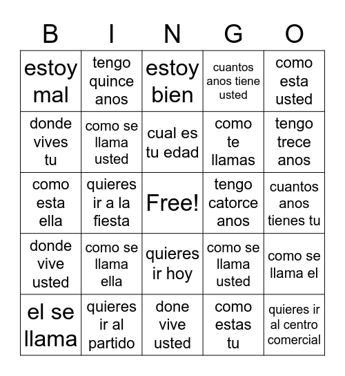 Spanish Socializing 1-20 Bingo Card