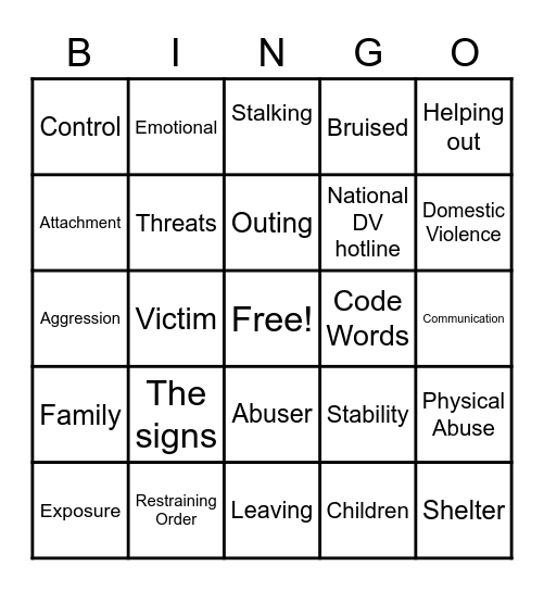 Domestic Violence Bingo Card