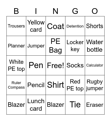 School Bingo Card