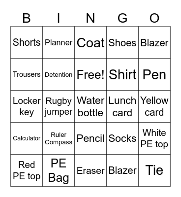 School Bingo Card