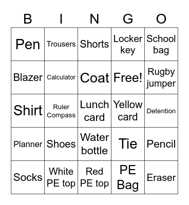 School Bingo Card