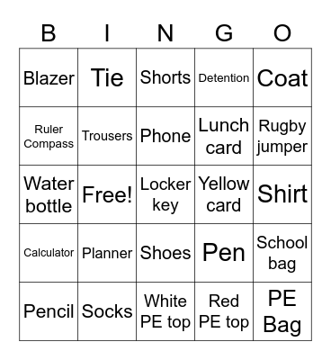 School Bingo Card