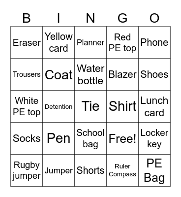 School Bingo Card