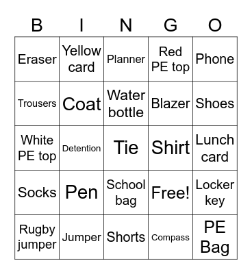 School Bingo Card