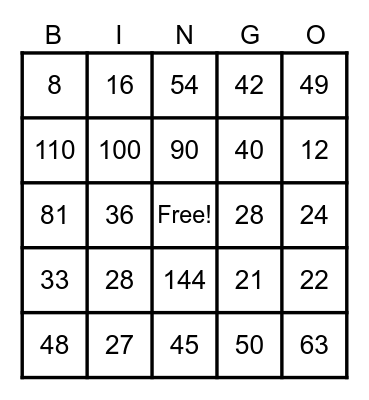 Multiplication BINGO Card