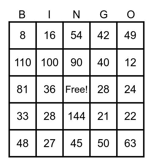 Multiplication BINGO Card