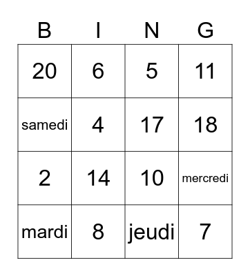 1-20 & les jours Bingo Card