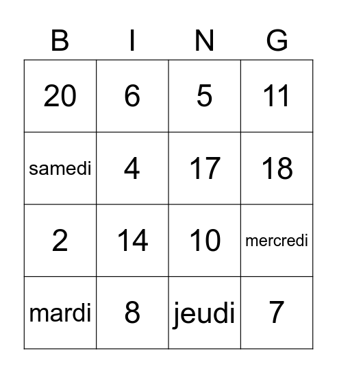 1-20 & les jours Bingo Card