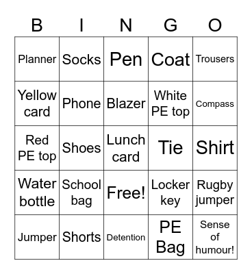 School Bingo Card