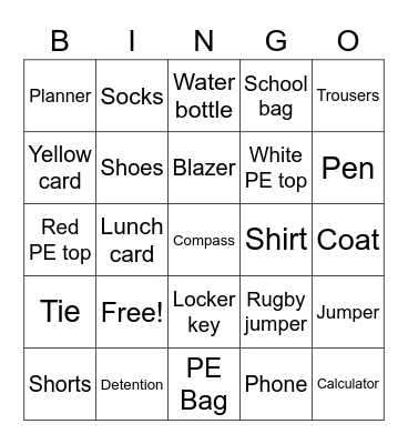 School Bingo Card