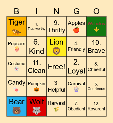 Cub Scout Fall Bingo Card
