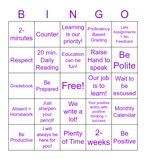 Mrs. Robinson's Class Expectations Bingo Card