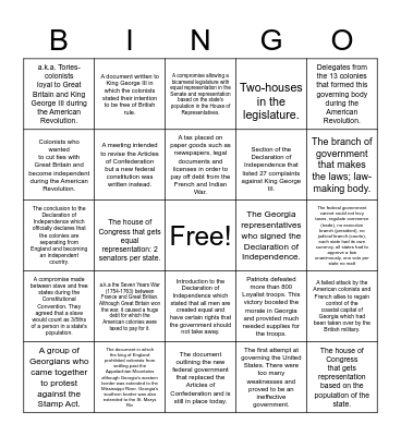 Georgia and The American Revolution Bingo Card