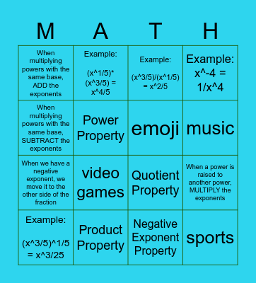 1.02 Rational Exponents BINGO Card