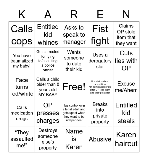 R/EntitledParents bingo Card