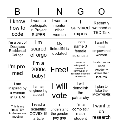 STEM Ambassadors Bingo Card