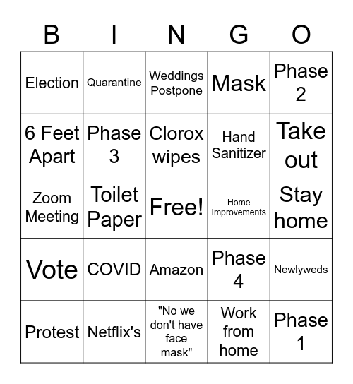 Year 2020 Bingo Card