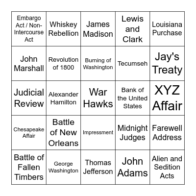 New Nation Period Bingo Card