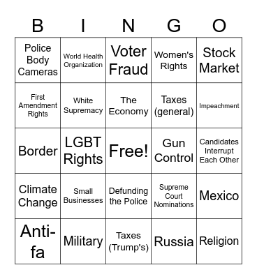VP Debate Bingo Card