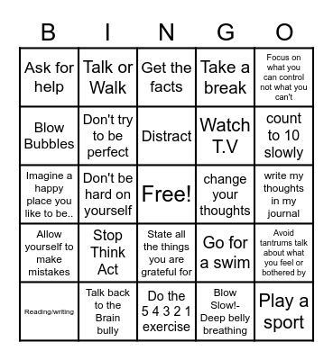 Coping Skills Bingo Card