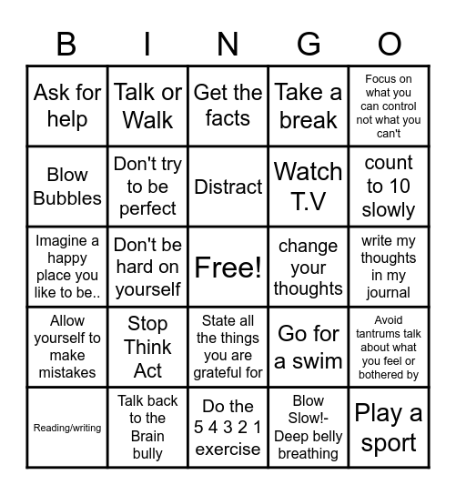 Coping Skills Bingo Card