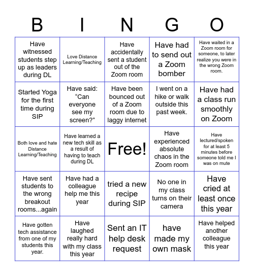 DISTANCED LEARNING BINGO! Bingo Card