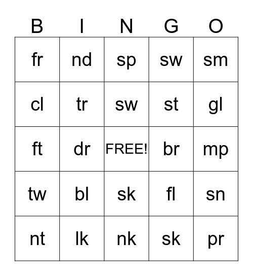 Beginning and Ending Blends Bingo Card