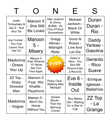 Game Of Tones 10-5-20 Game 1 Bingo Card