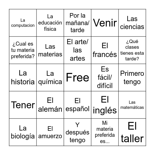 Talking about clases  Bingo Card