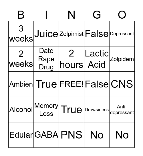 Zolpidem Bingo Card