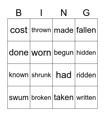 Irregular verbs- Past Participle Bingo Card