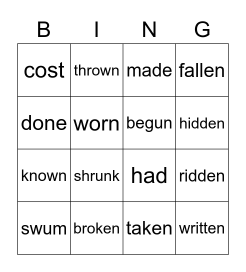 Irregular verbs- Past Participle Bingo Card