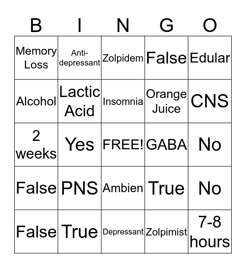 Zolpidem Bingo Card