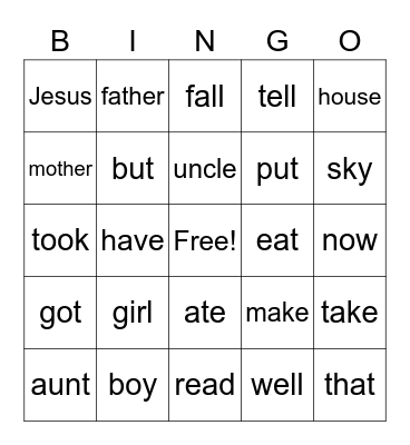 Sight Words 4 Bingo Card