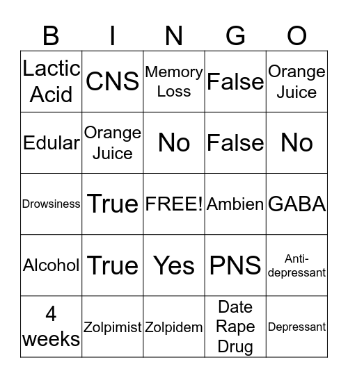 Zolpidem Bingo Card