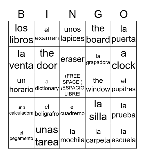 VOCABULARIO DE LA ESCULEA Bingo Card