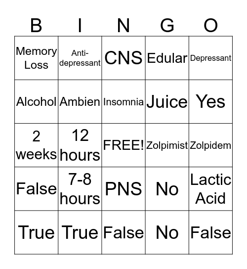 Zolpidem Bingo Card