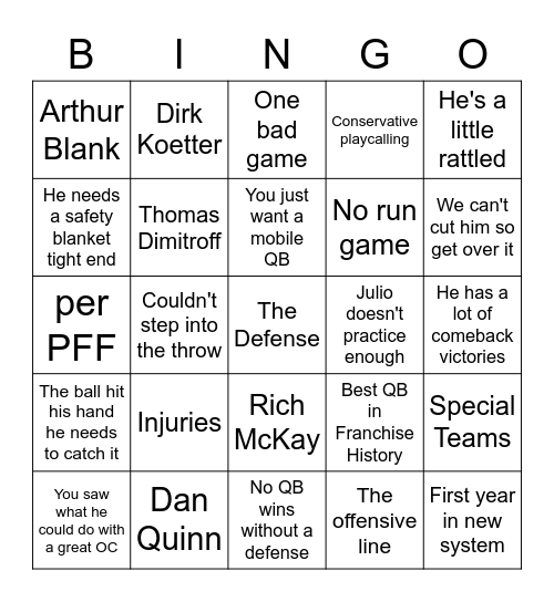 Matt Ryan Excuses Bingo Card