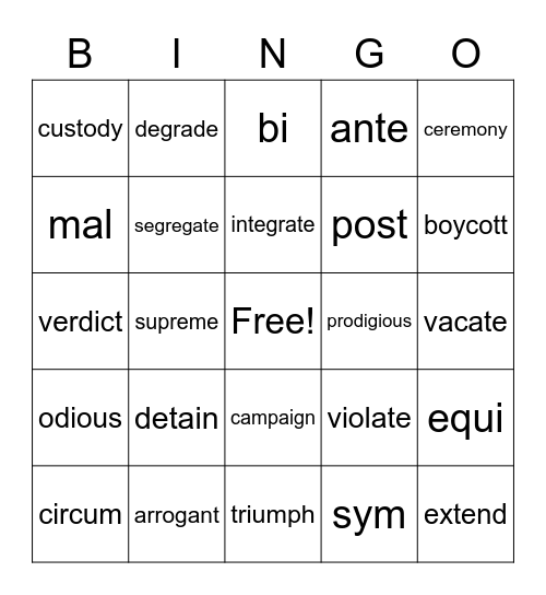 Lesson # 5 Bingo Card