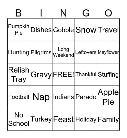 Turkey Day Bingo Card