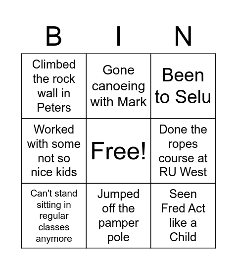 Outdoor Recreation Bingo Card