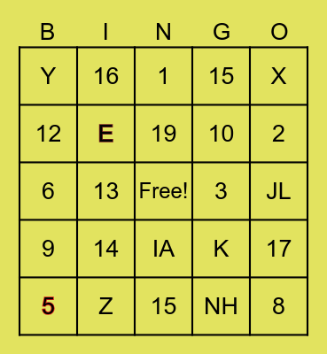 Letters and Numbers Bingo Card