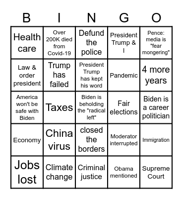 Vice Presidential Debate Bingo Card