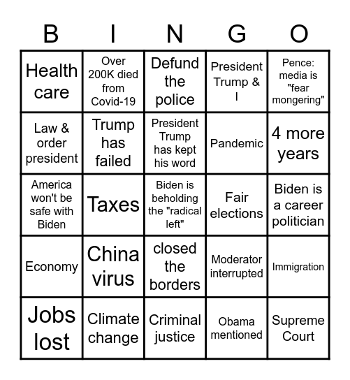 Vice Presidential Debate Bingo Card