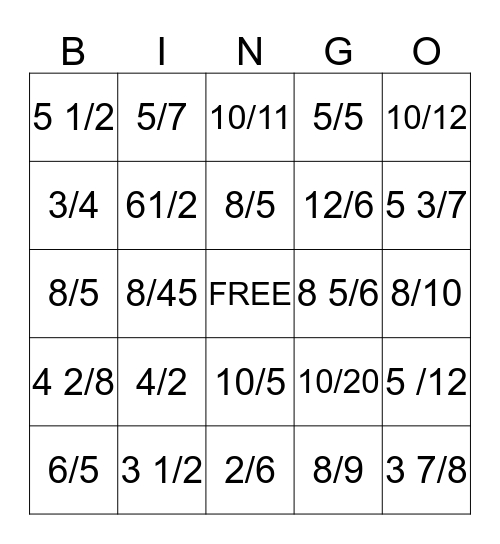 divide fraction Bingo Card