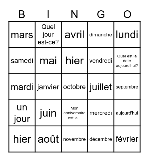French Calendar Bingo Card